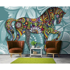 Een fotobehang met paarden en bloemen in een kunstwerk voor de huiskamer.