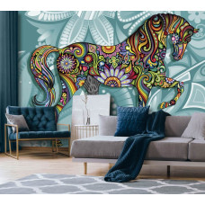 Een fotobehang met paarden en bloemen in een kunstwerk voor de woonkamer.