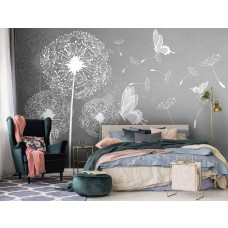 Een fotobehang met paardenbloemen en vlinders in een natuurlijke zwart-wit stijl, passend voor de slaapkamer.