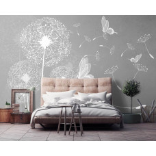 Een fotobehang met paardenbloemen en vlinders in een zwart-wit abstracte stijl voor een slaapkamer.