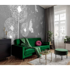 Een fotobehang met abstracte paardenbloemen en vlinders, weergegeven in een woonkamer.