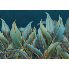 Een fotobehang met palmbladeren en gouden accenten, waarin weelderige tropische bladeren en subtiele goudtinten zorgen voor een luxe en exotische uitstraling.