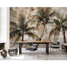 Een fotobehang met palmbomen in een kunstzinnig design, geschikt voor een slaapkamer en kantoor.