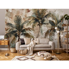 Een fotobehang met palmbomen in kunstzinnig vliesbehang, ideaal voor een woonkamer.