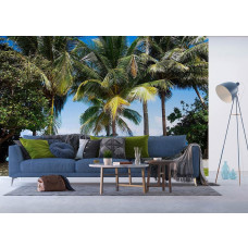Een fotobehang van palmbomen langs de zee in een woonkamer met Airtex en vliesbehang.
