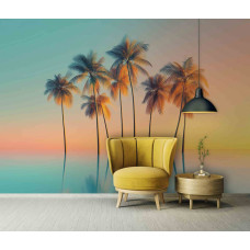 Fotobehang palmbomen op spiegelend water in woonkamer met zacht licht en tropische rust.