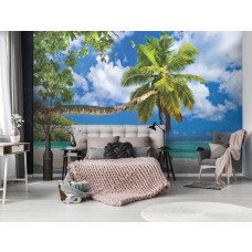 Een fotobehang van een strand met palmbomen en blauwe zee in de slaapkamer.