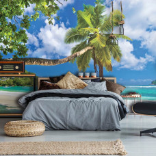 Een fotobehang met een strandlandschap met palmbomen voor de tienerkamer.