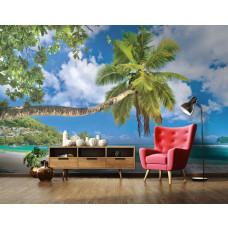 Een fotobehang van een strand met palmbomen en blauwe zee voor de woonkamer.