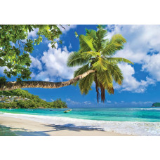Fotobehang van een tropisch strand met palmbomen en helderblauw water, met een serene en exotische sfeer.