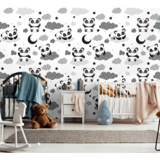 Een fotobehang met pandaberen tussen wolken voor de babykamer.