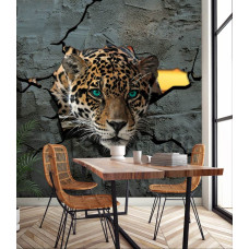 Een fotobehang met een panter achter een betonnen muur met een 3D-effect, ideaal voor een moderne keuken.