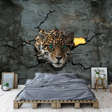 Een fotobehang met een panter achter een betonnen muur met een 3D-effect, perfect voor een avontuurlijke kinderkamer.
