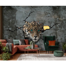 Een fotobehang met een panter achter een betonnen muur met een 3D-effect, geschikt voor een stijlvolle woonkamer.