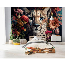 Een fotobehang met een panter, luipaard en cheeta tussen bloemen, speciaal voor een kinderkamer.