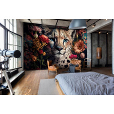 Een fotobehang met een jungle-thema met luipaards en bloemen, ontworpen voor een slaapkamer.