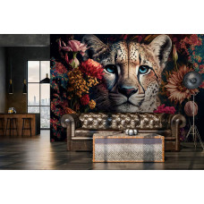 Een fotobehang met een elegant ontwerp van panters en bloemen, ideaal voor een woonkamer.