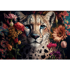Fotobehang met een panter die tussen prachtige bloemen ligt. De gedetailleerde weergave van deze panter in een exotische setting maakt dit een indrukwekkend stuk wanddecoratie.