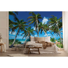 Een fotobehang van paradijselijke palmbomen op een tropisch strand in een ontspannen slaapkamer.