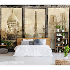 Een fotobehang met de Eiffeltoren in Parijs, afgebeeld in een vintage stijl tegen een mistige lucht in de slaapkamer.