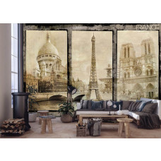 Een fotobehang met de Eiffeltoren in Parijs in een vintage stijl, geplaatst in een stijlvolle woonkamer.