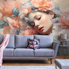 Een fotobehang van pastel bloemenpracht met een elegante vrouw in schilderij kunst in de woonkamer.