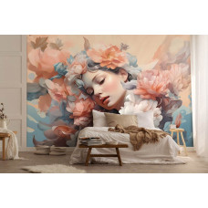 Een fotobehang van pastel bloemenpracht met een elegante vrouw in schilderij kunst in de slaapkamer.