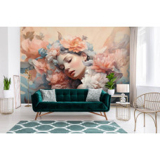 Een fotobehang van pastel bloemenpracht met een elegante vrouw in schilderij kunst op vliesbehang in de woonkamer.