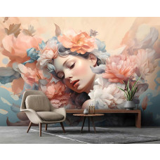Een fotobehang van pastel bloemenpracht met een elegante vrouw in schilderij kunst in de woonkamer.