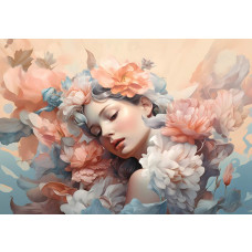 Pastelkleurige bloemenpracht met een elegante vrouw, sfeervol weergegeven op een kunstzinnig fotobehang.