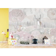 Een magisch fotobehang van pastel bosdieren in de kinderkamer, creëert een fantasierijke en knusse wereld voor kinderen.