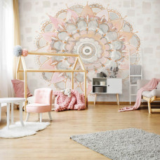 Een fotobehang van pastel mandala schilderij kunst in de meisjeskamer in de kinderkamer.