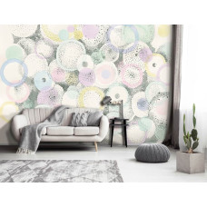 Een fotobehang van pastelkleurende cirkels in schildering met rondjes in kunst in de woonkamer.