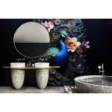 Een fotobehang van een pauw met bloemen in een stijlvolle badkamer.