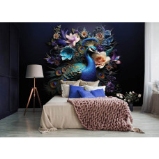 Een fotobehang van een pauw met bloemen in een rustige slaapkamer.