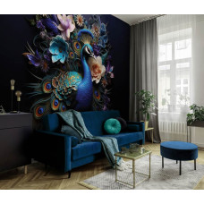 Een fotobehang van een pauw met bloemenpracht in een betoverende woonkamer.