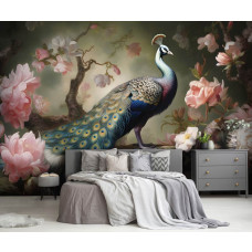 Een fotobehang van een pauw in een bloemendroom vogel in een slaapkamer.