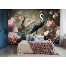 Een fotobehang van een pauw in een bloemendroom vogel op vliesbehang in de slaapkamer.