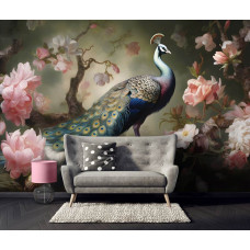 Een fotobehang van een pauw in een bloemendroom vogel in de woonkamer.