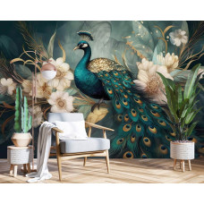 Fotobehang met een pauw en luxe bloemen in een hotel of kantoor, waar het elegante ontwerp zorgt voor een exclusieve en professionele uitstraling
