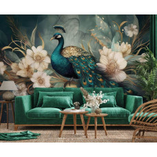 Fotobehang met een pauw en luxe bloemen in een woonkamer, waarbij het stijlvolle ontwerp perfect aansluit bij een chique interieur.