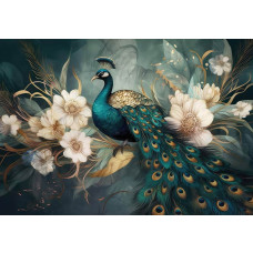 Fotobehang met een majestueuze pauw tussen witte bloemen en gouden bladeren op een diepgroene achtergrond.