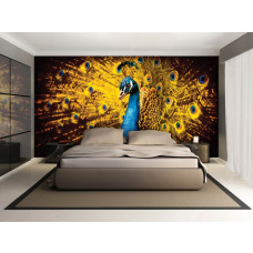 Een fotobehang van een pauw met warme oranje tinten in een slaapkamer.