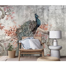 Een fotobehang van een pauw op beton in schilderingstijl met een industriėle vogel in de huiskamer.
