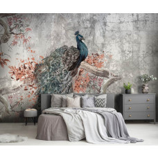Een fotobehang van een pauw op beton in schilderingstijl met een industriėle vogel in de slaapkamer.