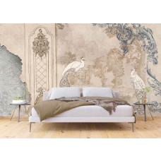 Een fotobehang van pauwen in rococo-stijl met barokke kunst in een slaapkamer.