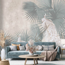 Een fotobehang van pauwen in een tropische oase met jungleplanten in een woonkamer met Airtex.