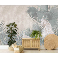 Een fotobehang van pauwen in een tropische oase met jungleplanten in een slaapkamer.