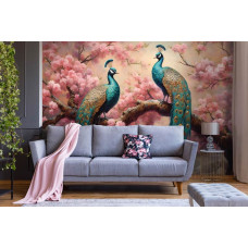 Een fotobehang van pauwen op bloeiende kersenbloesem takken in kunststijl op vliesbehang in de woonkamer.