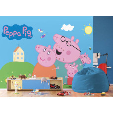 Een fotobehang met Peppa Pig in de kinderkamer, waarin de bekende figuren en speelse achtergronden een gezellige en kindvriendelijke sfeer brengen.